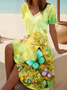 Women's Floral Butterfly Print Casual V-Neck Short Sleeve Dress