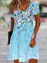 Women's Short Sleeve Summer Blue Floral V Neck Daily Going Out Casual Midi A-Line Fit & Flare Dress Dress
