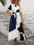 Women's Short Sleeve Summer Navyblue Floral Split Joint V Neck Puff Sleeve Daily Going Out Casual Maxi A-Line Shirt Dress Dress