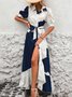Women's Short Sleeve Summer Navyblue Floral Split Joint V Neck Puff Sleeve Daily Going Out Casual Maxi A-Line Shirt Dress Dress