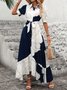 Women's Short Sleeve Summer Navyblue Floral Split Joint V Neck Puff Sleeve Daily Going Out Casual Maxi A-Line Shirt Dress Dress