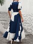 Women's Short Sleeve Summer Navyblue Floral Split Joint V Neck Puff Sleeve Daily Going Out Casual Maxi A-Line Shirt Dress Dress