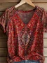 Women's Short Sleeve T-shirt Summer Red Floral Printing V Neck Daily Going Out Casual Top