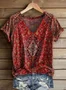 Women's Short Sleeve T-shirt Summer Red Floral Printing V Neck Daily Going Out Casual Top