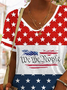 Women's American Flag Print V-Neck Cotton Blend Short Sleeve T-Shirt
