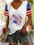 Women's American Flag Fireworks Print V-Neck Cotton Blend Short Sleeve T-Shirt