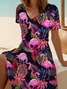 Women's Short Sleeve Summer Black Flamingo Printing V Neck Daily Going Out Casual Midi A-Line Fit & Flare Dress Dress