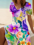 Women's Short Sleeve Summer Purple Floral Printing V Neck Daily Going Out Casual Midi A-Line Fit & Flare Dress Dress