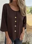 Women's Three Quarter Sleeve Shirt Spring/Fall Light Blue Plain Split Joint Cotton Crew Neck Daily Going Out Casual Top