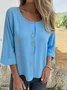 Women's Three Quarter Sleeve Shirt Spring/Fall Light Blue Plain Split Joint Cotton Crew Neck Daily Going Out Casual Top