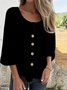 Women's Three Quarter Sleeve Shirt Spring/Fall Light Blue Plain Split Joint Cotton Crew Neck Daily Going Out Casual Top