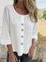 Women's Three Quarter Sleeve Shirt Spring/Fall Light Blue Plain Split Joint Cotton Crew Neck Daily Going Out Casual Top