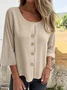 Women's Three Quarter Sleeve Shirt Spring/Fall Light Blue Plain Split Joint Cotton Crew Neck Daily Going Out Casual Top