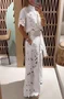 Women's Fashion Temperament Versatile Hollow Lace Solid Color Sexy Cardigan Top Wide-Leg Pants Two-Piece Set