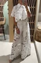 Women's Fashion Temperament Versatile Hollow Lace Solid Color Sexy Cardigan Top Wide-Leg Pants Two-Piece Set