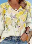 V Neck Casual Floral Cotton T-Shirt