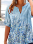 Women's Short Sleeve Shirt Summer Blue Floral Printing V Neck Daily Going Out Casual Top