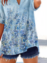 Women's Short Sleeve Shirt Summer Blue Floral Printing V Neck Daily Going Out Casual Top