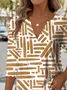 Elegant Commuter Striped Patchwork Pattern Print V-Neck Long-Sleeved T-Shirt