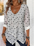 Elegant Commuting Polka Dot Pattern V-Neck Pointed Hem Long-Sleeved Top