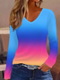 Women's Gradient Printed Casual V-Neck Long Sleeve T-Shirt