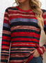 Women's Long Sleeve T-shirt Spring/Fall Red Striped Printing Jersey Crew Neck Daily Going Out Casual Top
