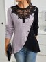 Slim Fit Lace Round Neck Color Matching Ribbed Cross Hem Long Sleeve Knitted Elegant Commuter T-Shirt Top