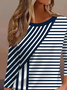 Women's Three Quarter Sleeve T-shirt Spring/Fall Purplish blue Striped Crew Neck Daily Going Out Casual Top