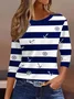 Women's Three Quarter Sleeve T-shirt Spring/Fall Purplish blue Striped Crew Neck Daily Going Out Casual Top