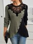 Slim Fit Lace Round Neck Color Matching Ribbed Cross Hem Long Sleeve Knitted Elegant Commuter T-Shirt Top