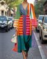 Puff Sleeve Multicolor Block Regular Fit V Neck Sexy Dress