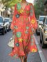 Puff Sleeve Multicolor Block Regular Fit V Neck Sexy Dress