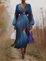 Puff Sleeve Simple Gradient Pattern V Neck Dress