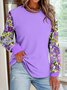 Plant floral print color blocked round neck pullover sweatshirt