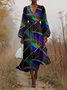 Puff Sleeve Simple Gradient Pattern V Neck Dress