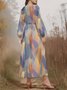 Puff Sleeve Simple Gradient Pattern V Neck Dress