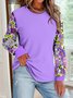 Plant floral print color blocked round neck pullover sweatshirt