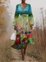 Gradient Pattern Puff Sleeve Regular Fit V Neck Sexy Dress