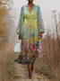 Regular Fit V Neck Puff Sleeve Floral Simple Dress