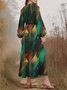 Puff Sleeve Simple Gradient Pattern V Neck Dress