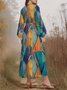 Puff Sleeve Simple Gradient Pattern V Neck Dress