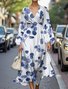 Puff Sleeve Floral Regular Fit Simple V Neck Dress
