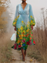 Gradient Pattern Puff Sleeve Regular Fit V Neck Sexy Dress