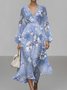 Street V Neck Floral Puff Sleeve Regular Fit Dress