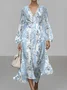 Leaf Regular Fit Vacation Puff Sleeve V Neck Dress