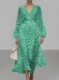V Neck Botanical Pattern Puff Sleeve Regular Fit Semi Formal Dress