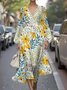 Regular Fit Floral Puff Sleeve Street V Neck Dress