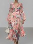 Vacation V Neck Gradient Pattern Puff Sleeve Dress