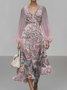 Vacation V Neck Gradient Pattern Puff Sleeve Regular Fit Dress