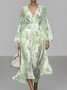 Leaf Regular Fit Vacation Puff Sleeve V Neck Dress